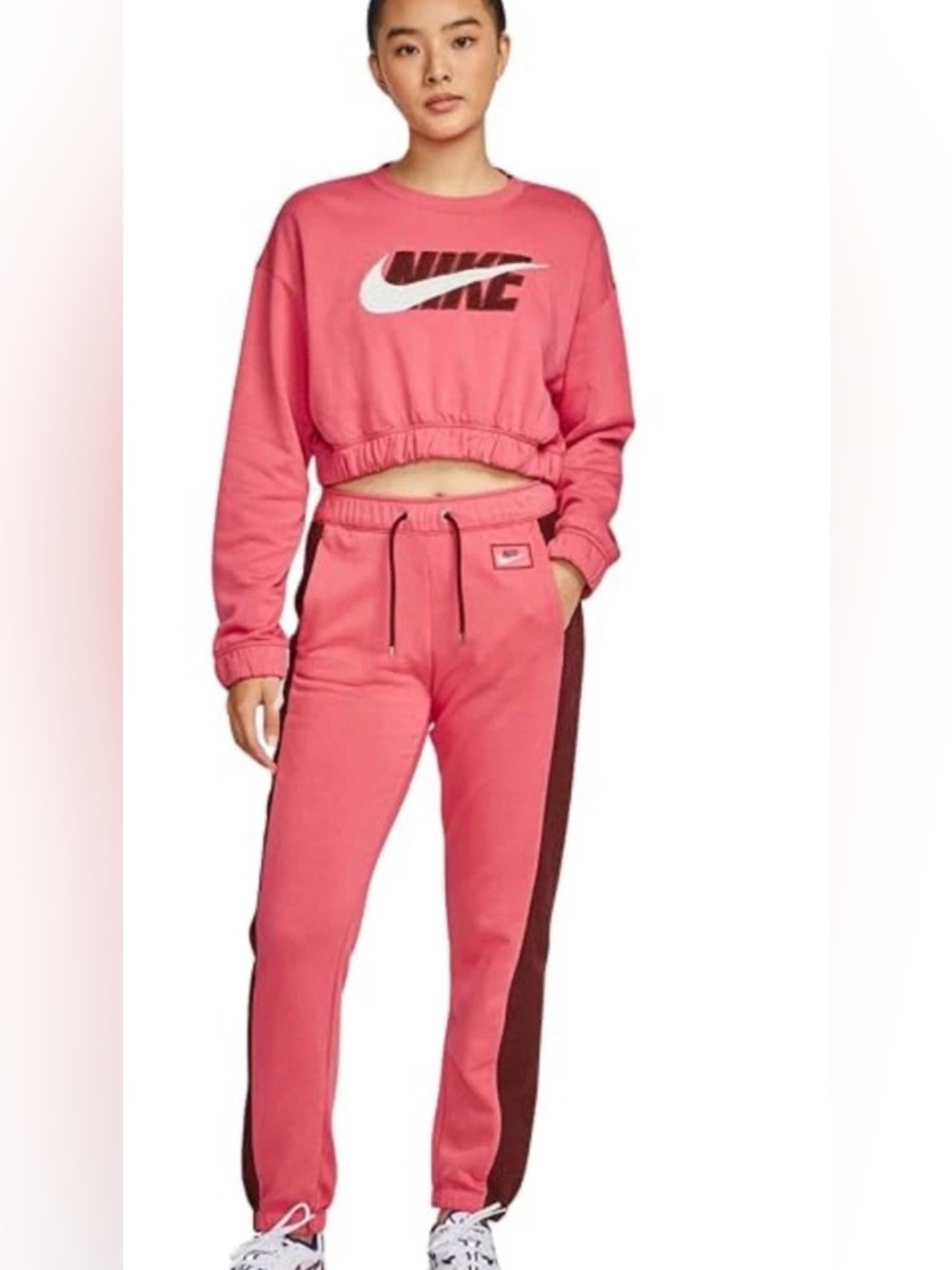 Nike Icon Clash Crop Sweatshirt Joggers Set Fleece Tracksuit Pink Burgundy SZ.XS
